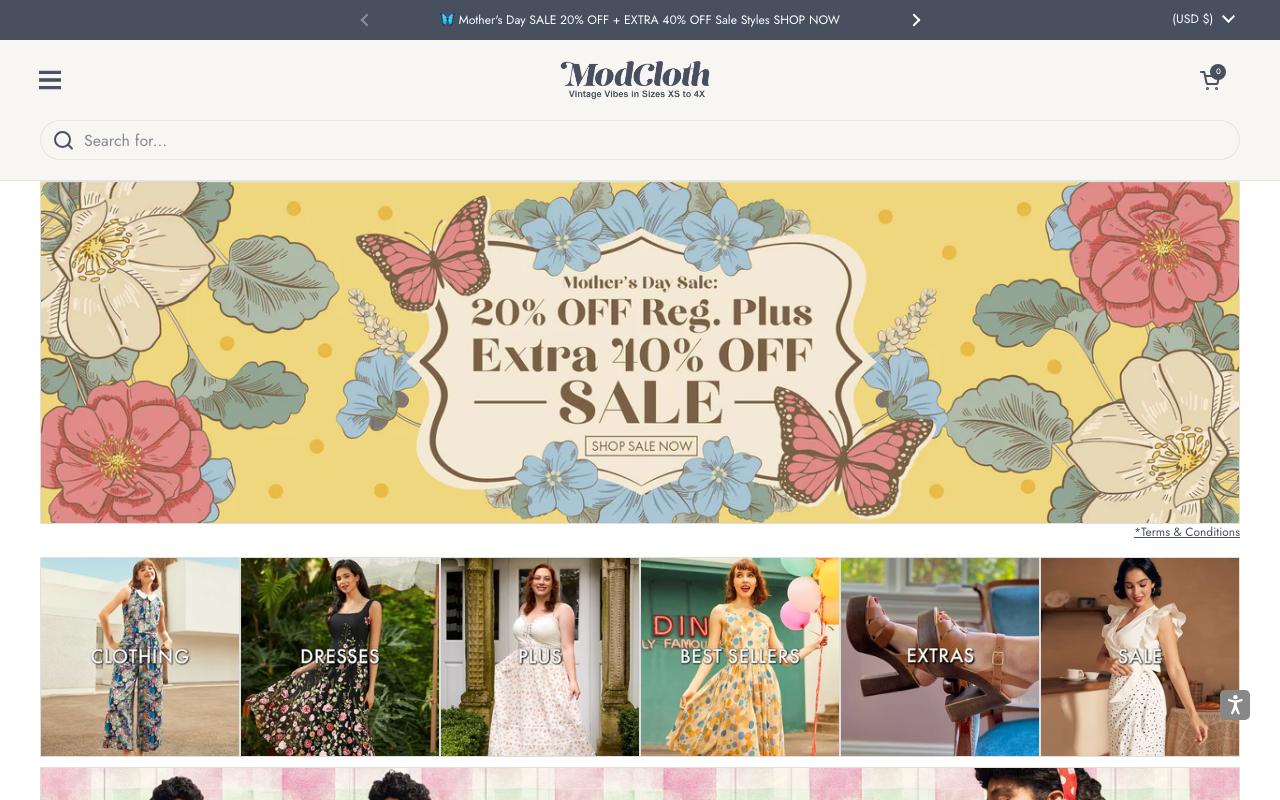 modcloth.com homepage screenshot