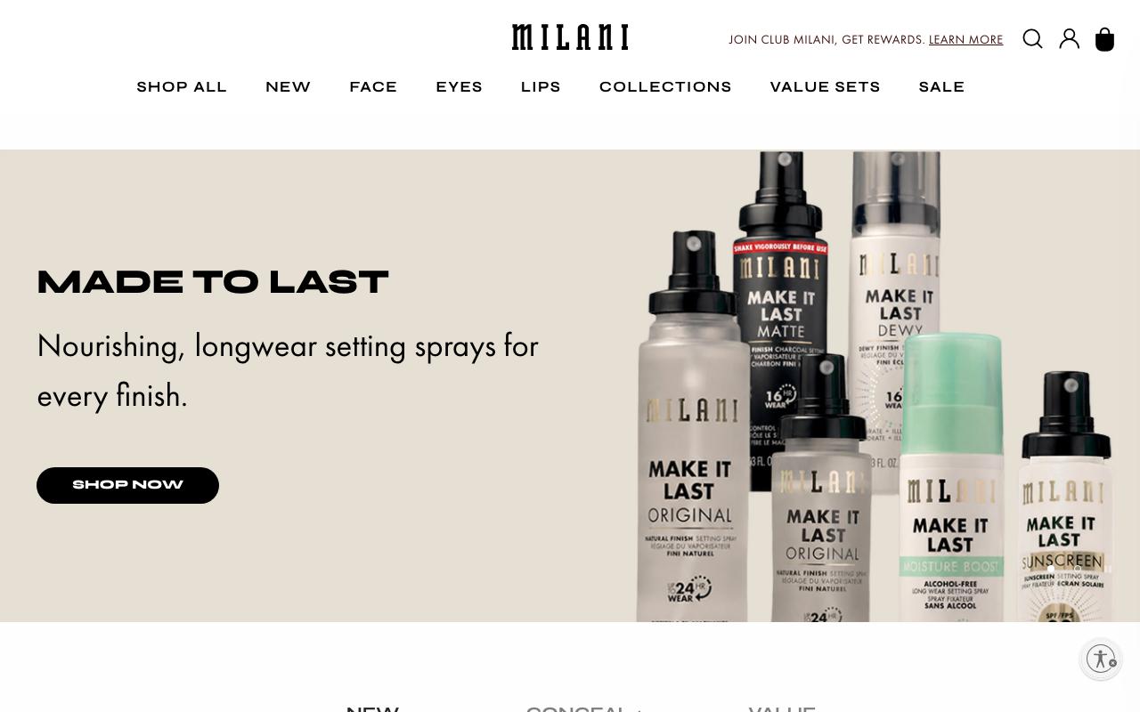 milanicosmetics.com homepage screenshot