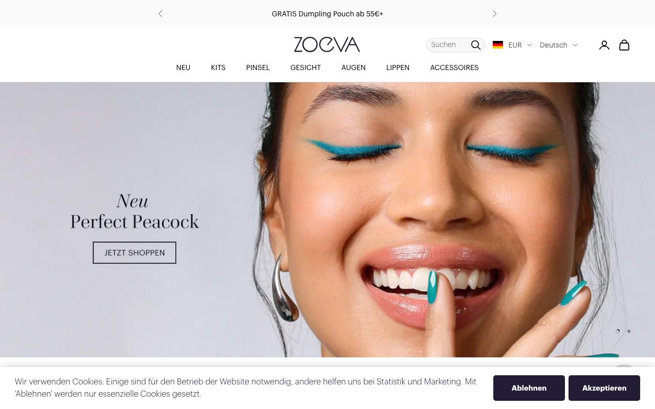 zoevacosmetics.com homepage screenshot
