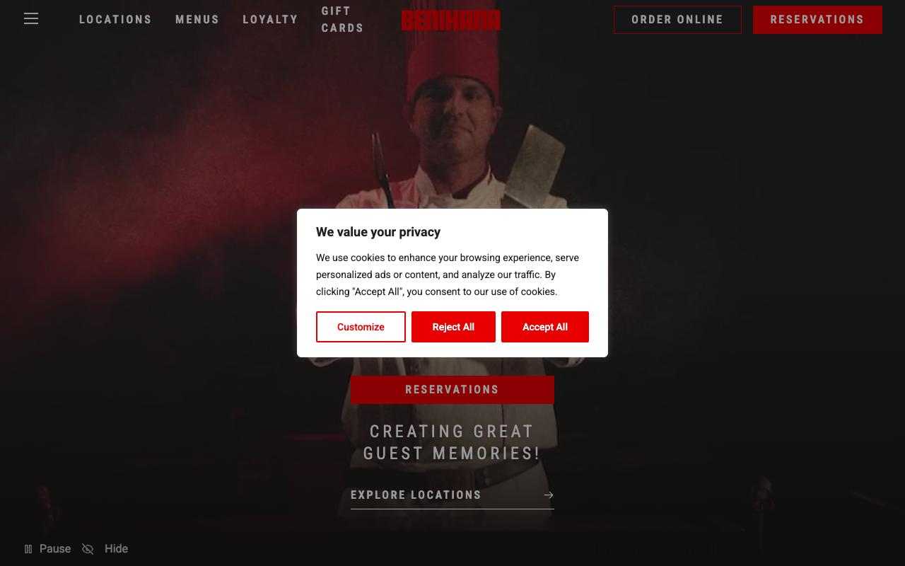benihana.com homepage screenshot