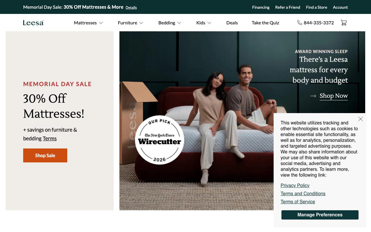 leesa.com homepage screenshot