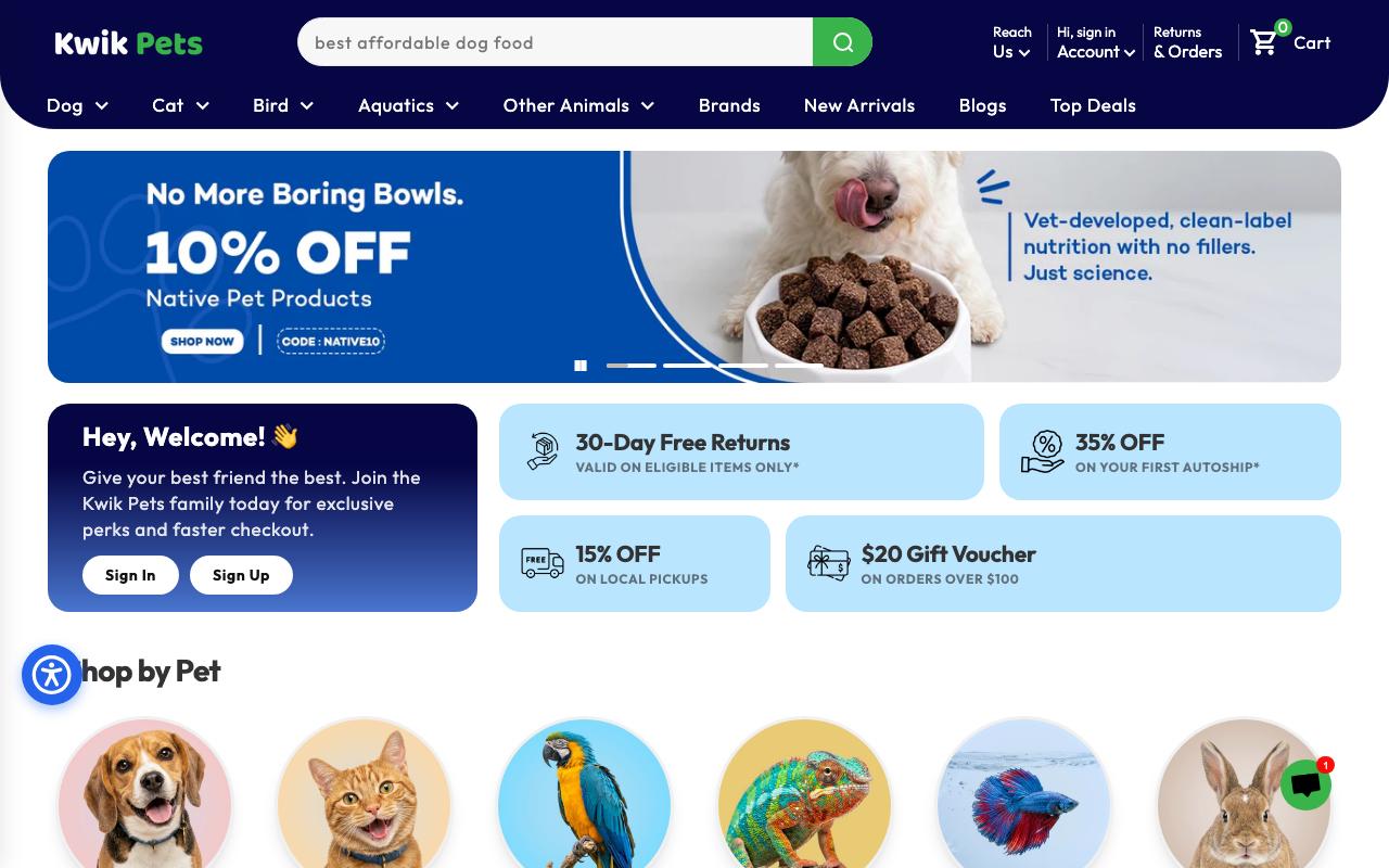 kwikpets.com homepage screenshot